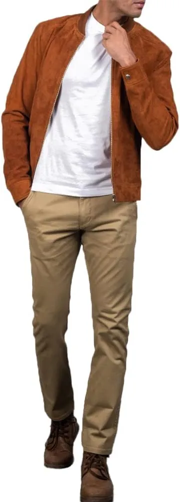 The Jacket Maker Blain Brown Suede Bomber Jacket | Men Suede Leather Brown Bomber Jacket | Goatskin Brown Suede Bomber Jacket
