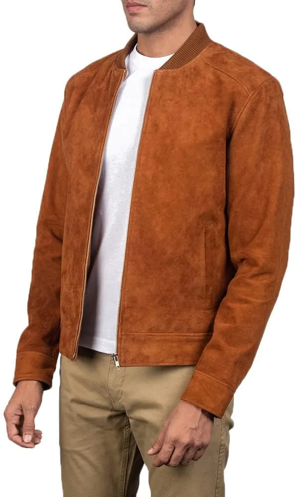 The Jacket Maker Blain Brown Suede Bomber Jacket | Men Suede Leather Brown Bomber Jacket | Goatskin Brown Suede Bomber Jacket