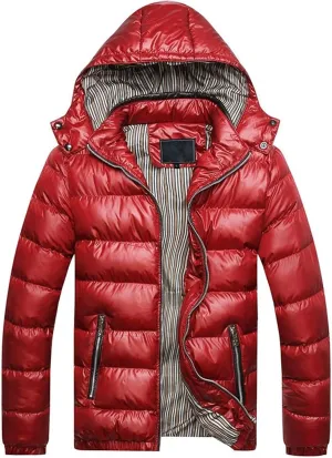 Thickened Winter Coat Cotton Men's Cotton Coat Hat Thickening Jacket Winter Warm Removable Padded Men's Coats (Red, XL)