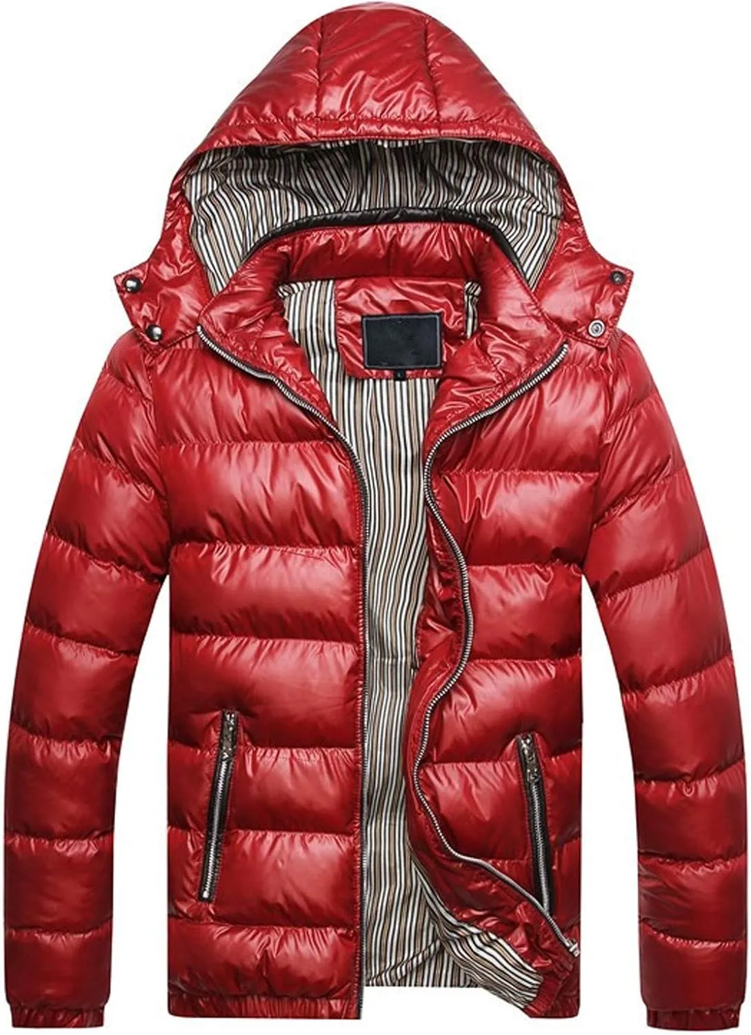 Thickened Winter Coat Cotton Men's Cotton Coat Hat Thickening Jacket Winter Warm Removable Padded Men's Coats (Red, XL)