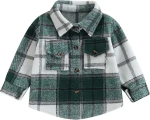 Toddler Baby Boys Girls Flannel Jacket Long Sleeve Lapel Button Down Plaid Shirts Jacket Coats Shacket Cardigan Top