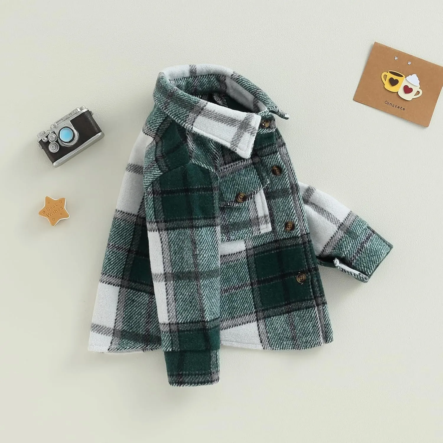 Toddler Baby Boys Girls Flannel Jacket Long Sleeve Lapel Button Down Plaid Shirts Jacket Coats Shacket Cardigan Top