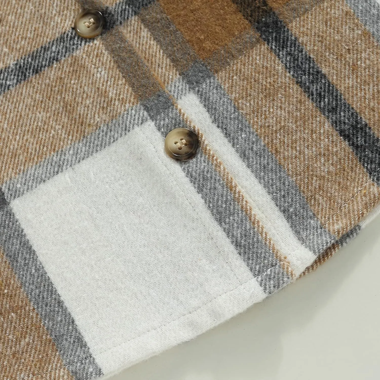 Toddler Baby Boys Girls Flannel Jacket Long Sleeve Lapel Button Down Plaid Shirts Jacket Coats Shacket Cardigan Top