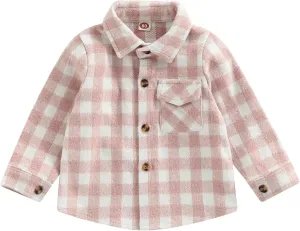Toddler Baby Boys Girls Flannel Jacket Long Sleeve Lapel Button Down Plaid Shirts Jacket Coats Shacket Cardigan Top