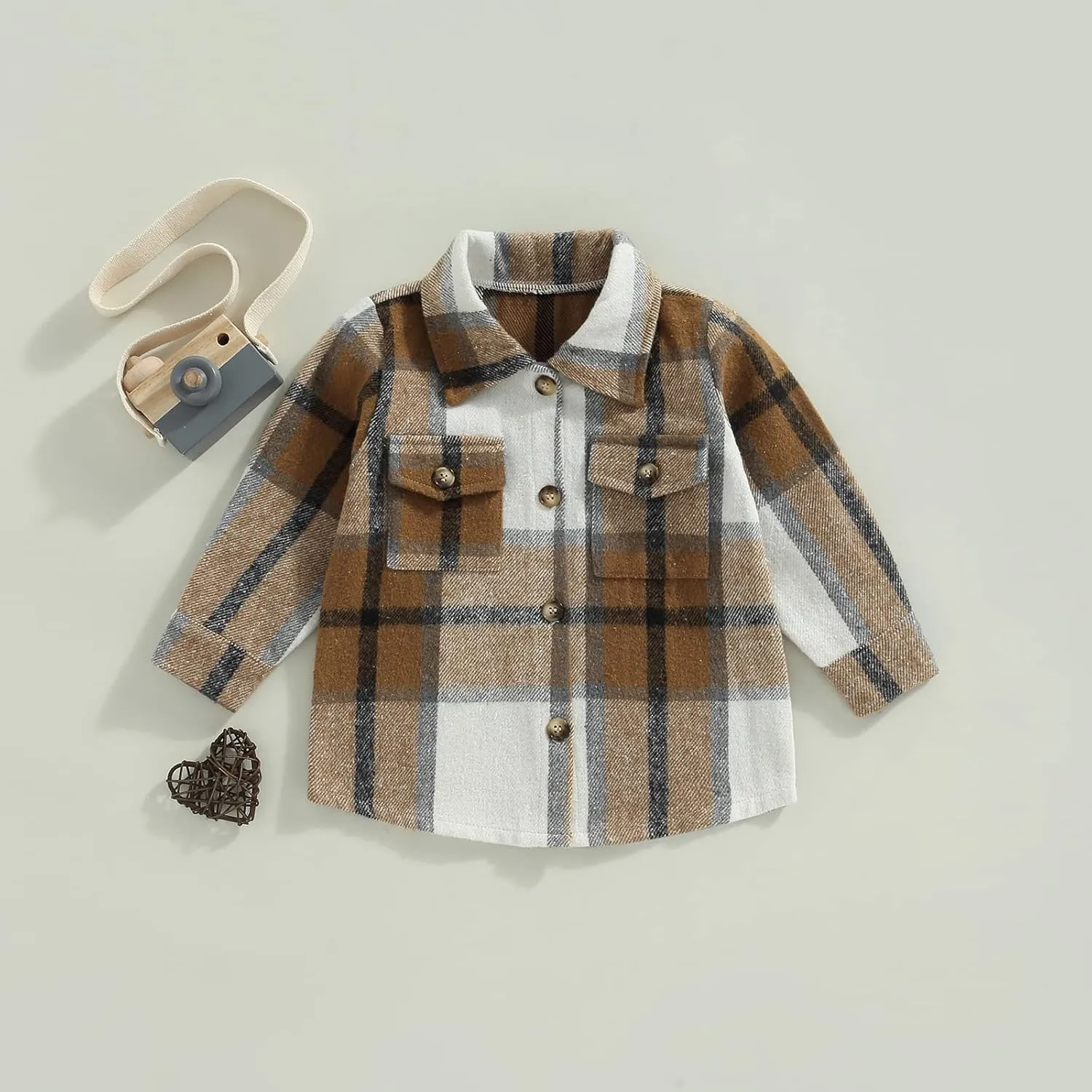 Toddler Baby Boys Girls Flannel Jacket Long Sleeve Lapel Button Down Plaid Shirts Jacket Coats Shacket Cardigan Top