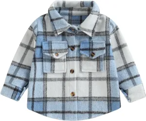 Toddler Baby Boys Girls Flannel Jacket Long Sleeve Lapel Button Down Plaid Shirts Jacket Coats Shacket Cardigan Top