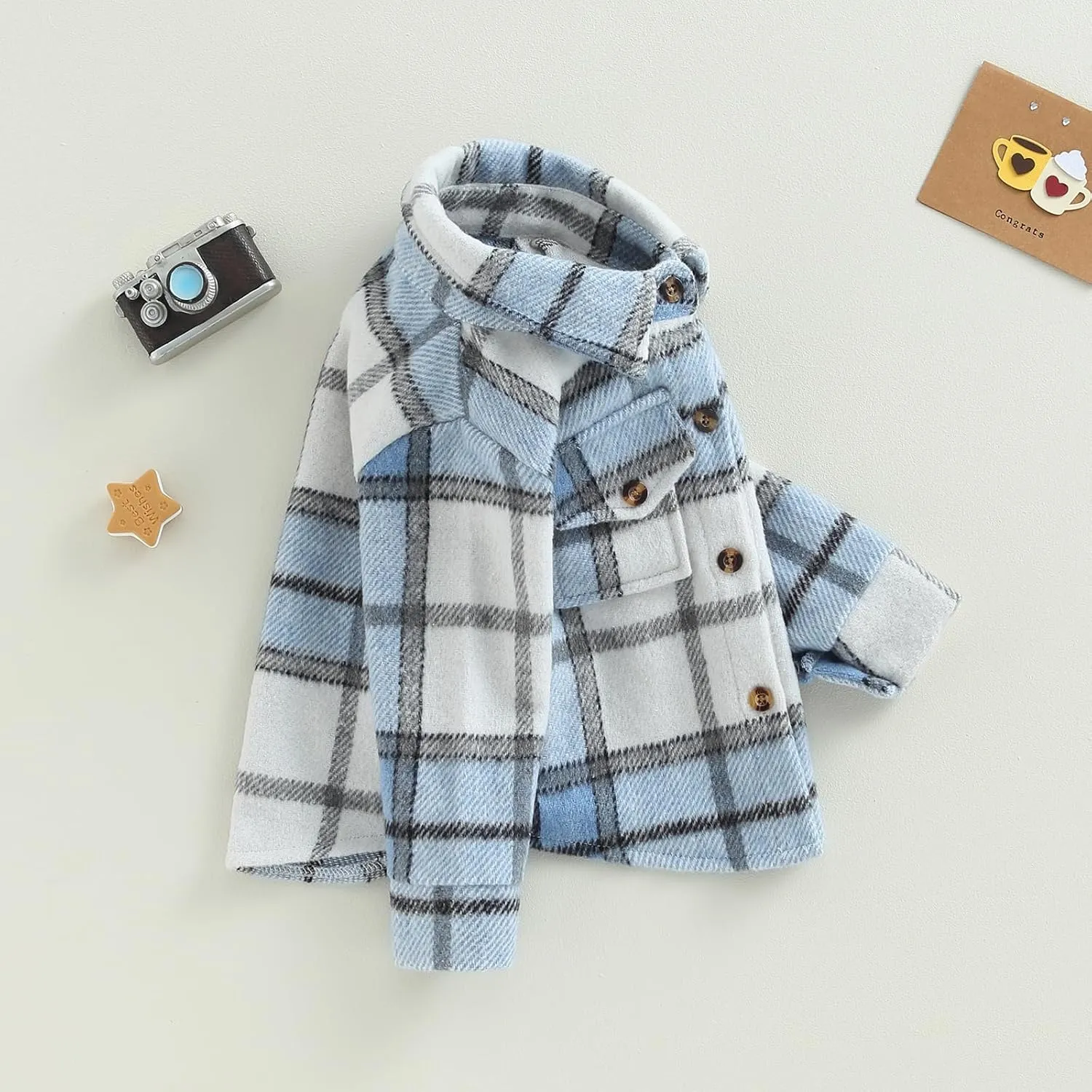 Toddler Baby Boys Girls Flannel Jacket Long Sleeve Lapel Button Down Plaid Shirts Jacket Coats Shacket Cardigan Top