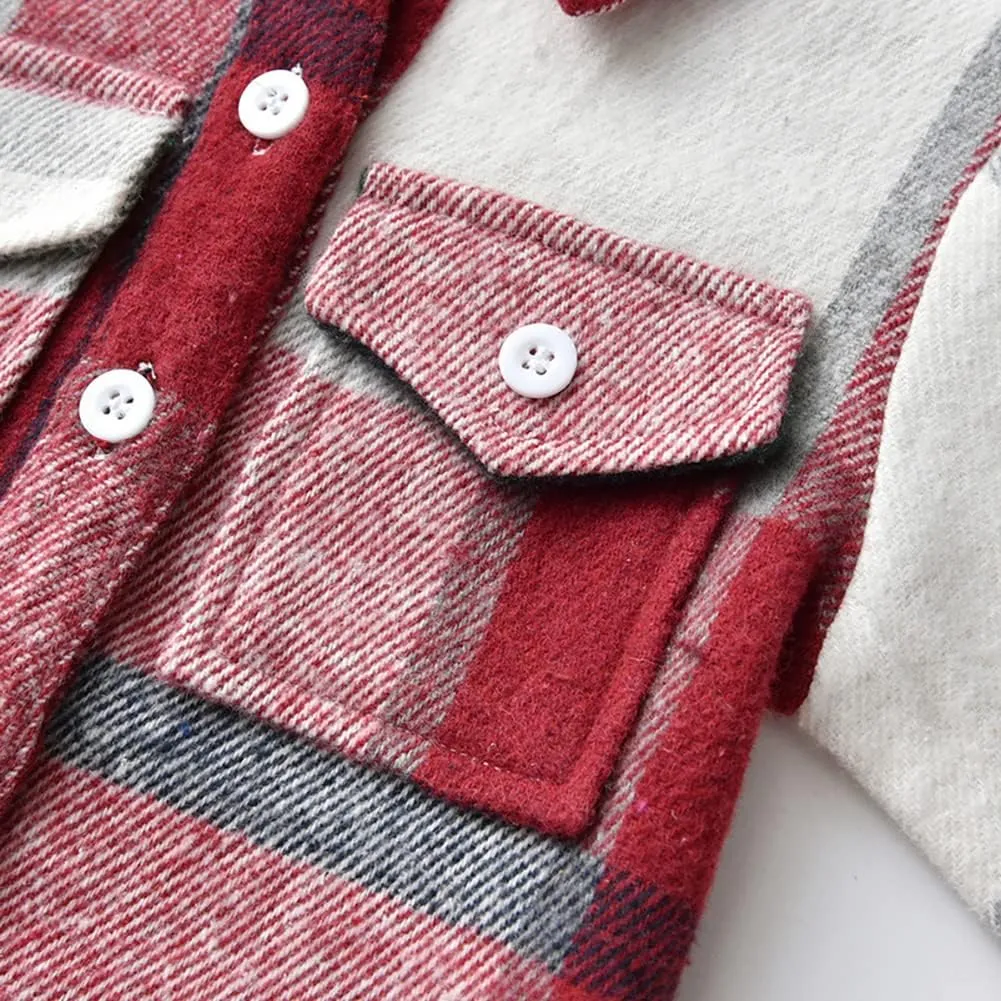 Toddler Baby Boys Plaid Flannel Shirt Long Sleeve Button Down Shirts Fur-Lined Jacket Shirt Winter Fall Tops Clothes