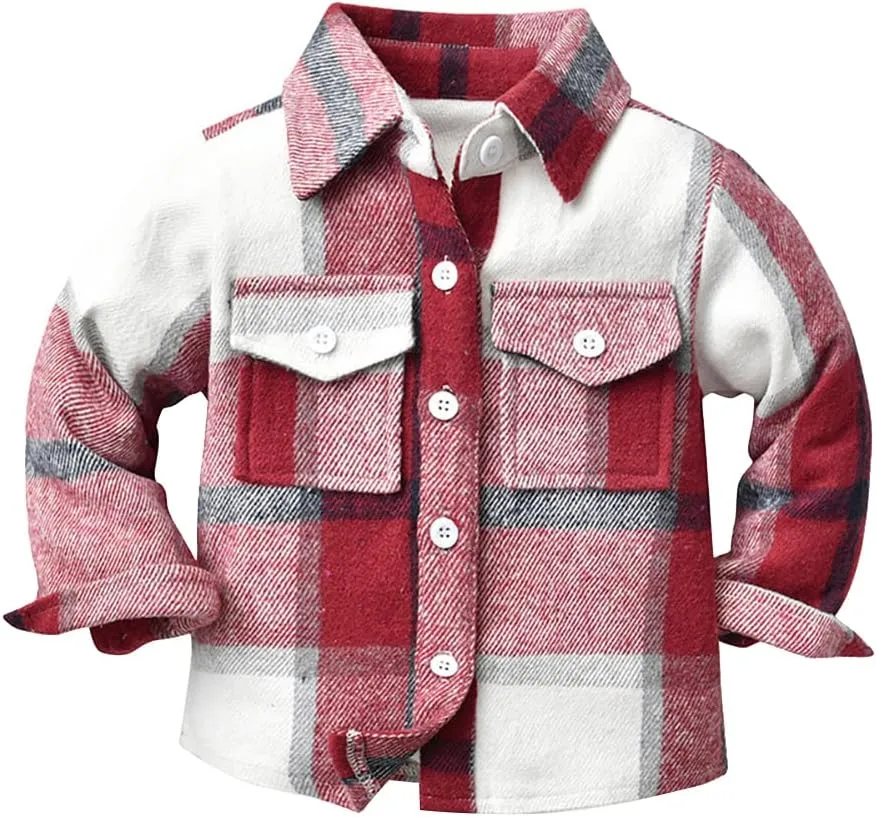 Toddler Baby Boys Plaid Flannel Shirt Long Sleeve Button Down Shirts Fur-Lined Jacket Shirt Winter Fall Tops Clothes