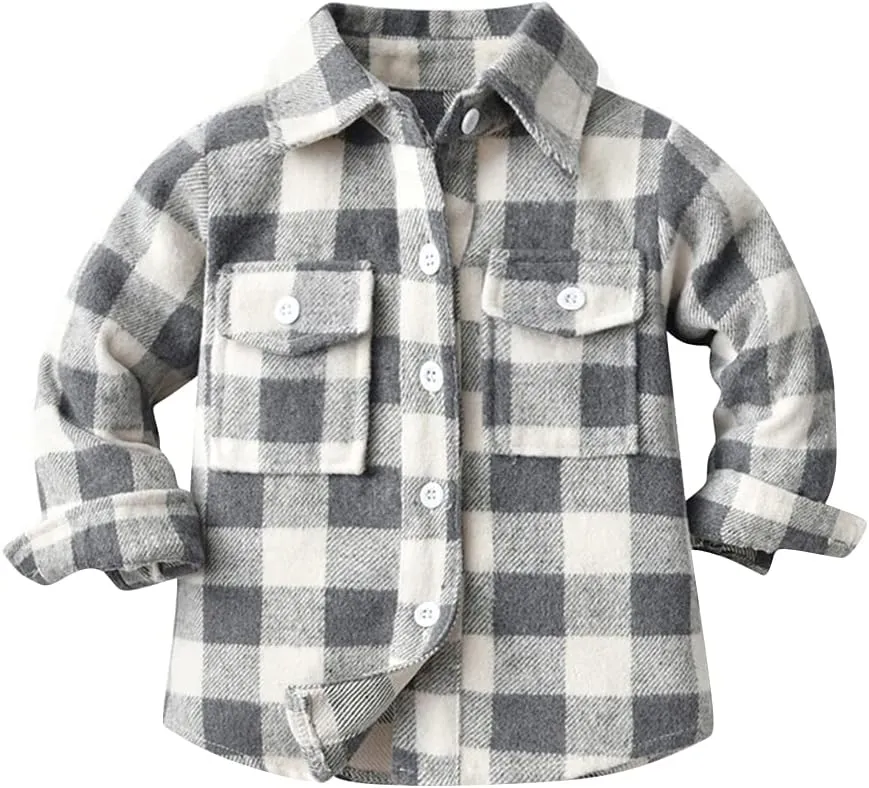 Toddler Baby Boys Plaid Flannel Shirt Long Sleeve Button Down Shirts Fur-Lined Jacket Shirt Winter Fall Tops Clothes