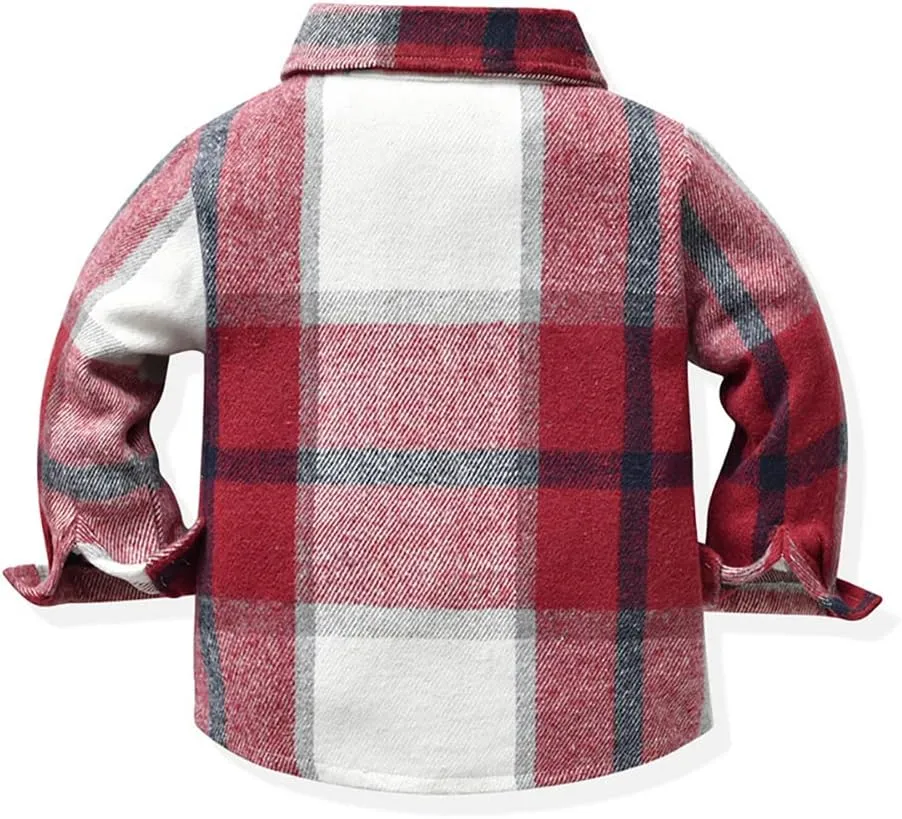 Toddler Baby Boys Plaid Flannel Shirt Long Sleeve Button Down Shirts Fur-Lined Jacket Shirt Winter Fall Tops Clothes