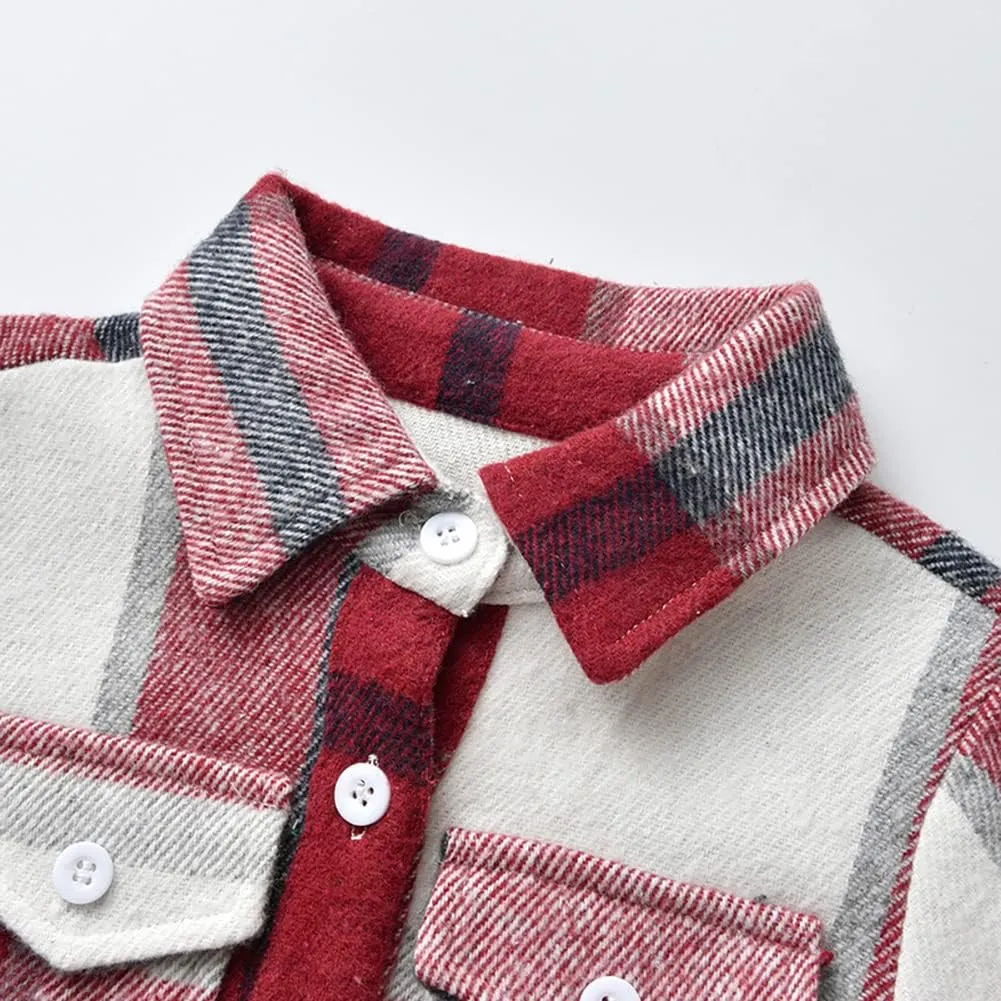 Toddler Baby Boys Plaid Flannel Shirt Long Sleeve Button Down Shirts Fur-Lined Jacket Shirt Winter Fall Tops Clothes