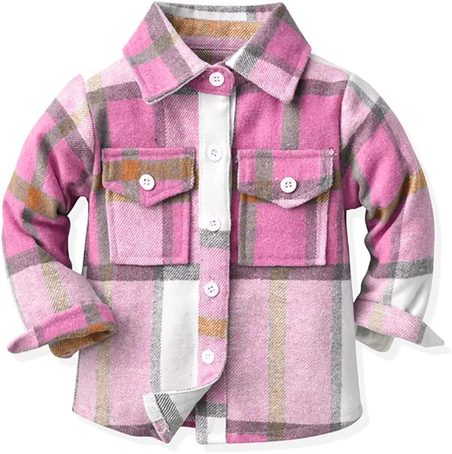 Toddler Baby Boys Plaid Flannel Shirt Long Sleeve Button Down Shirts Fur-Lined Jacket Shirt Winter Fall Tops Clothes
