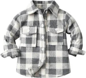 Toddler Baby Boys Plaid Flannel Shirt Long Sleeve Button Down Shirts Fur-Lined Jacket Shirt Winter Fall Tops Clothes