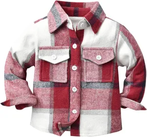 Toddler Baby Boys Plaid Flannel Shirt Long Sleeve Button Down Shirts Fur-Lined Jacket Shirt Winter Fall Tops Clothes