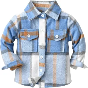 Toddler Baby Boys Plaid Flannel Shirt Long Sleeve Button Down Shirts Fur-Lined Jacket Shirt Winter Fall Tops Clothes