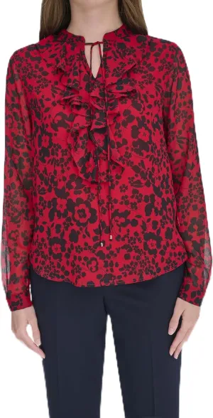 Tommy Hilfiger Women's Classic Long Sleeve Ruffle Front Blouse