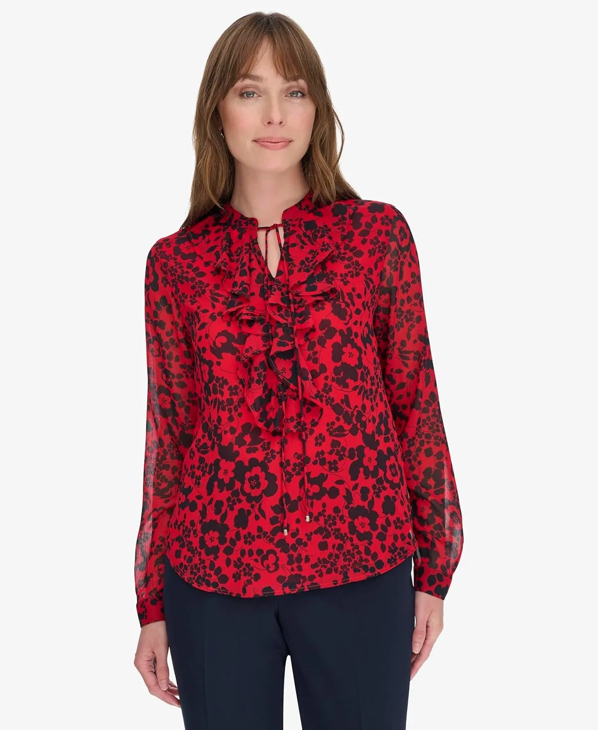 Tommy Hilfiger Women's Classic Long Sleeve Ruffle Front Blouse
