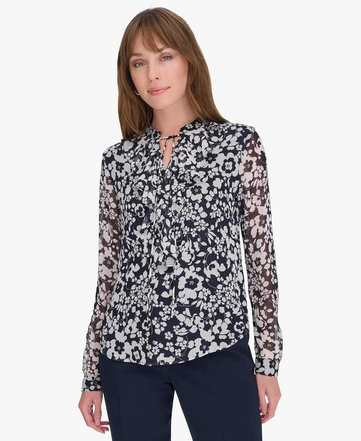 Tommy Hilfiger Women's Classic Long Sleeve Ruffle Front Blouse