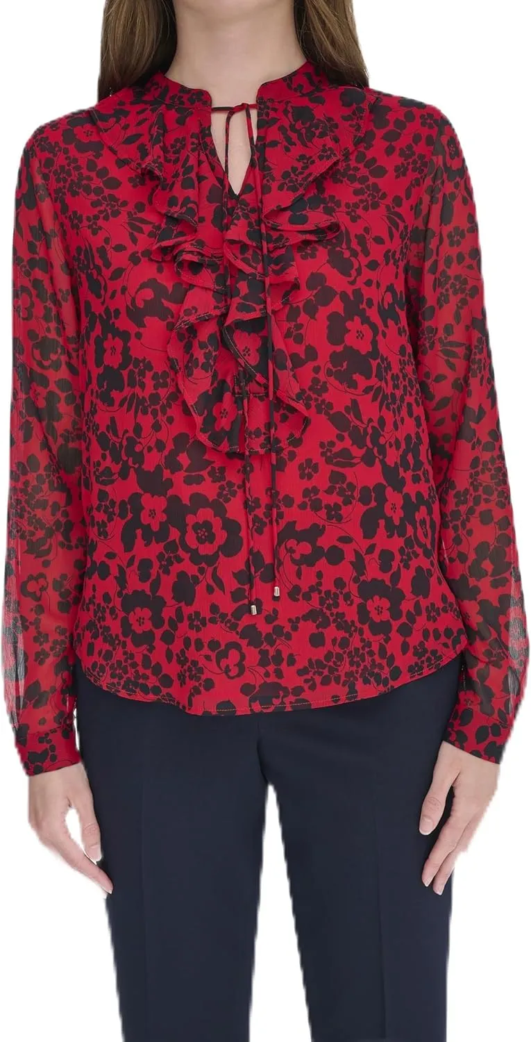Tommy Hilfiger Women's Classic Long Sleeve Ruffle Front Blouse