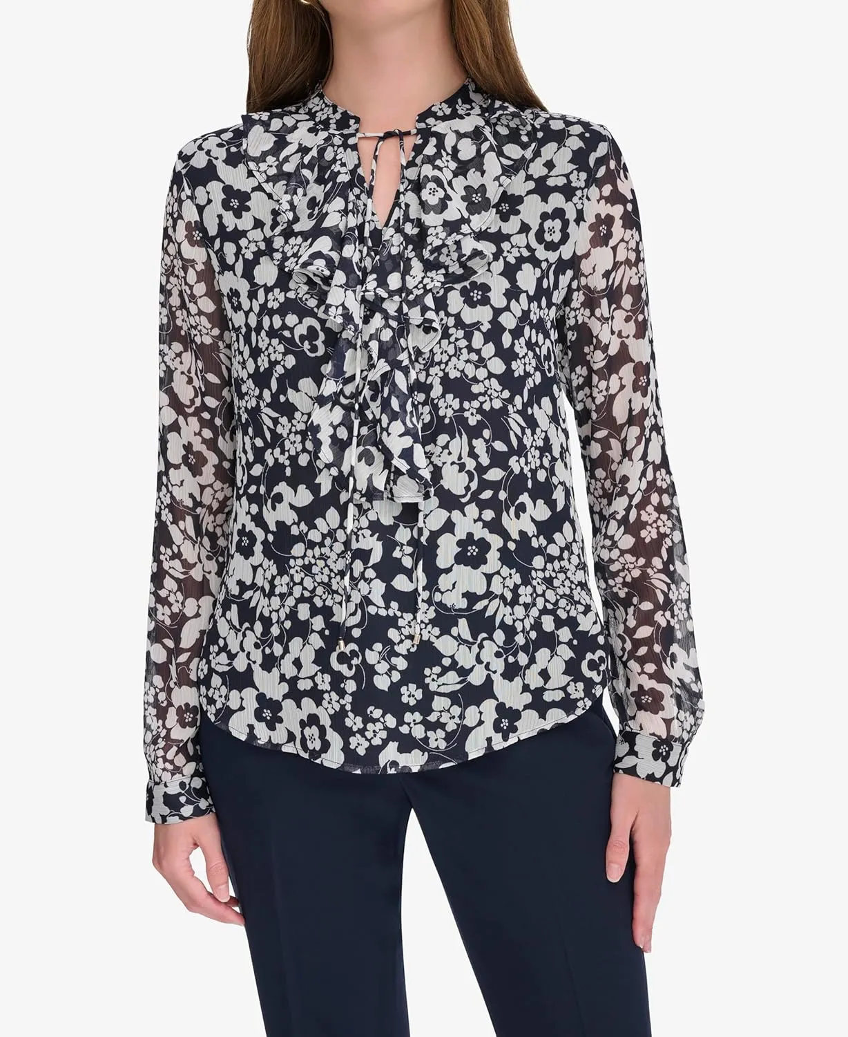 Tommy Hilfiger Women's Classic Long Sleeve Ruffle Front Blouse