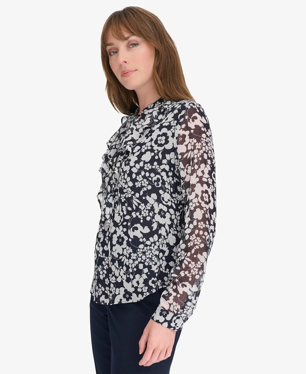Tommy Hilfiger Women's Classic Long Sleeve Ruffle Front Blouse