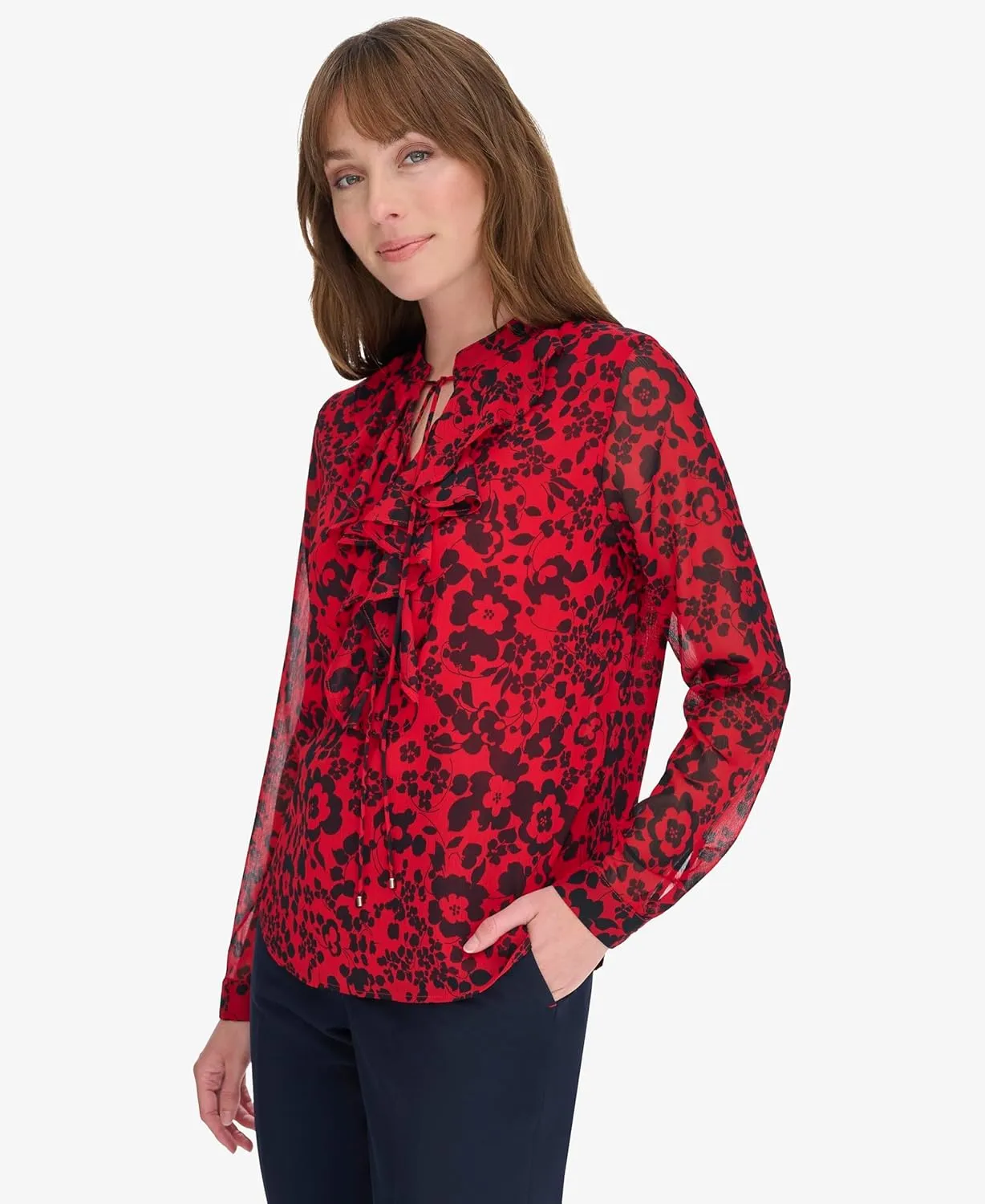 Tommy Hilfiger Women's Classic Long Sleeve Ruffle Front Blouse