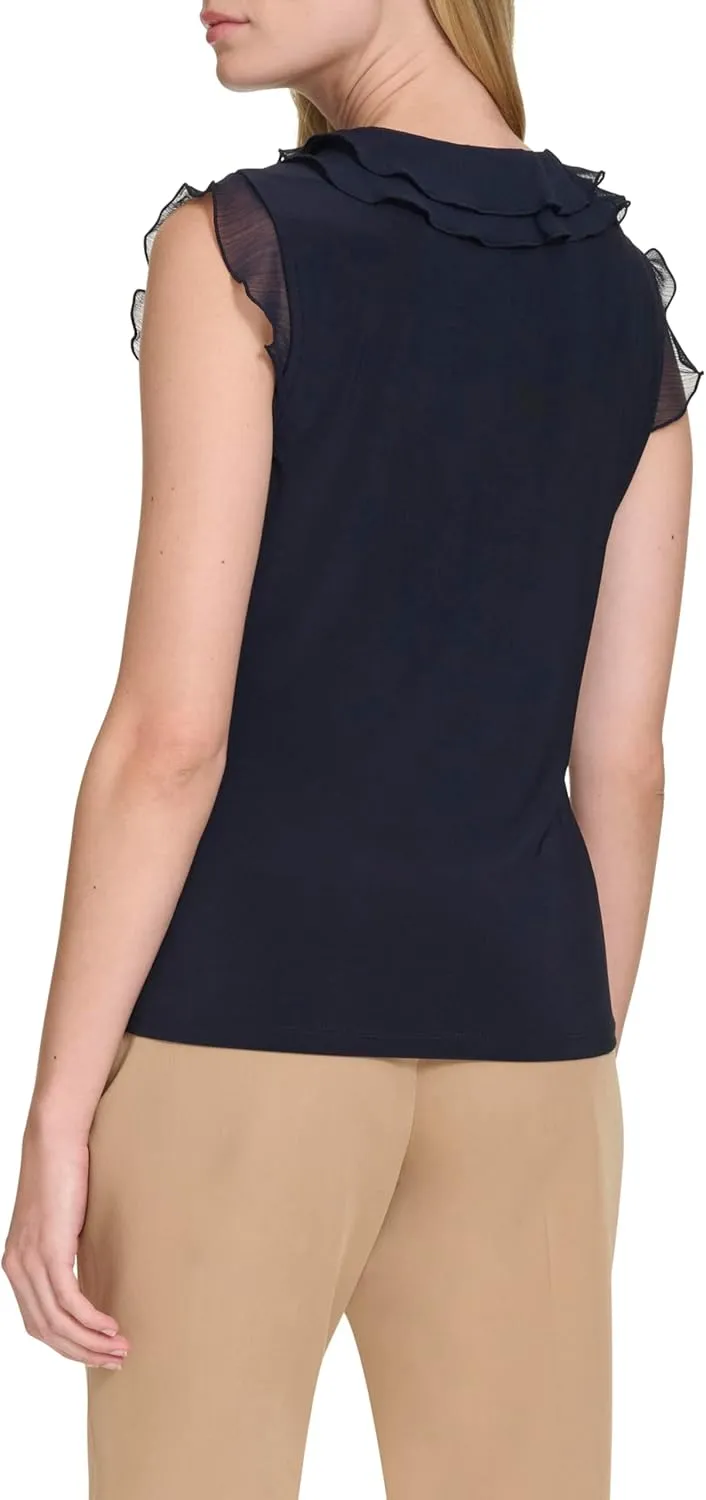 Tommy Hilfiger Women's Sleeveless Mix Media Ruffle Front Blouse