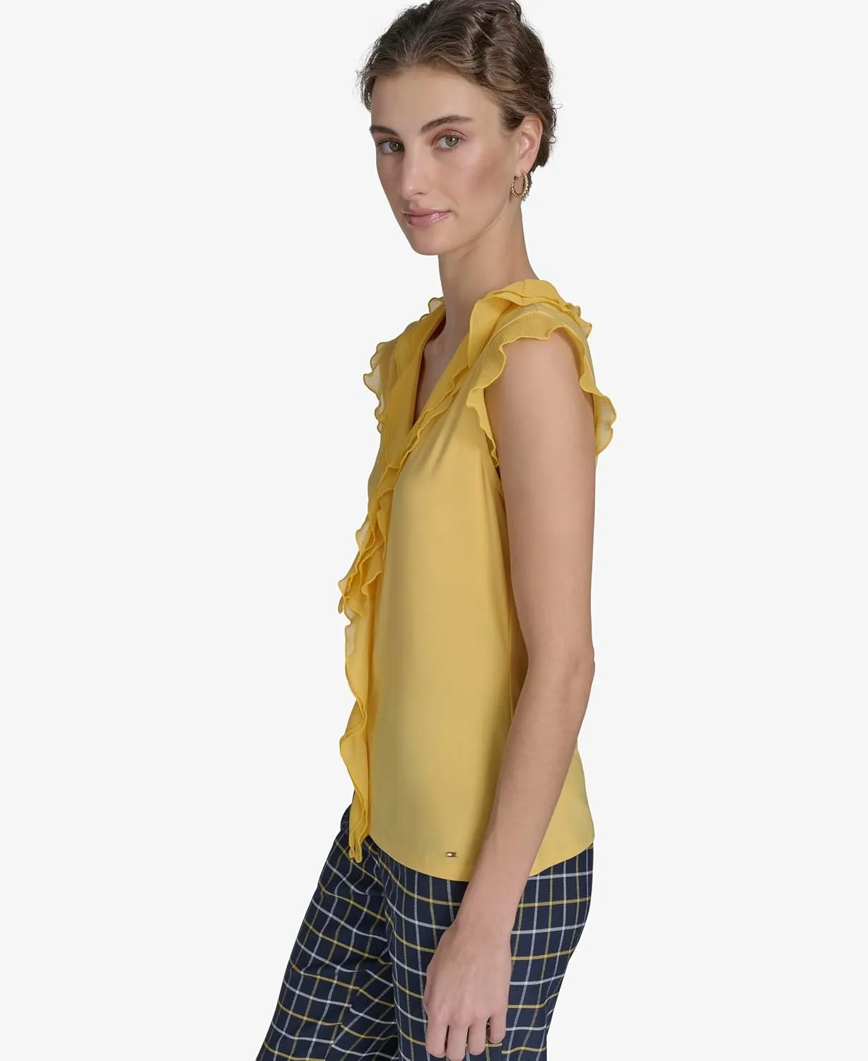 Tommy Hilfiger Women's Sleeveless Mix Media Ruffle Front Blouse