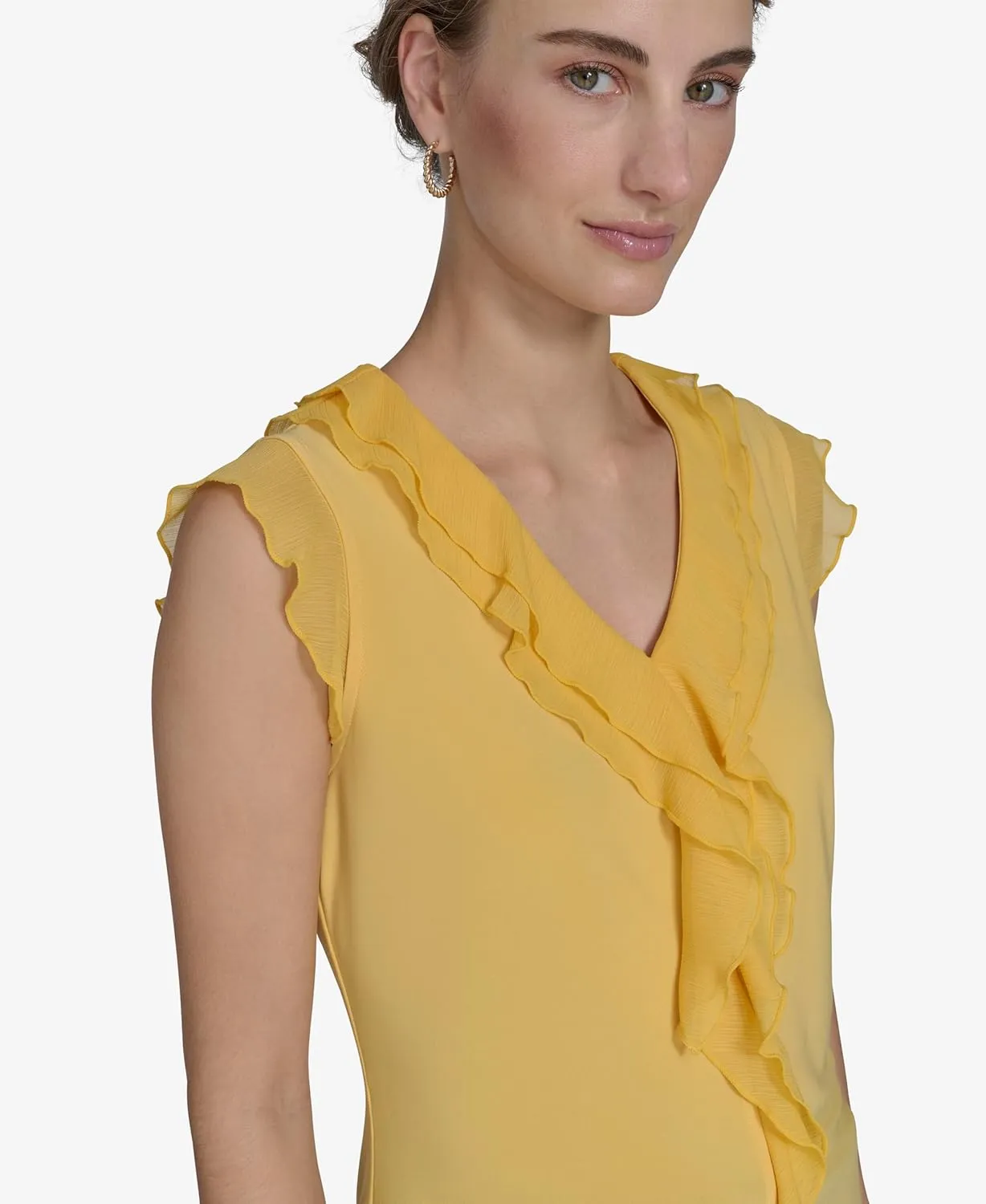 Tommy Hilfiger Women's Sleeveless Mix Media Ruffle Front Blouse