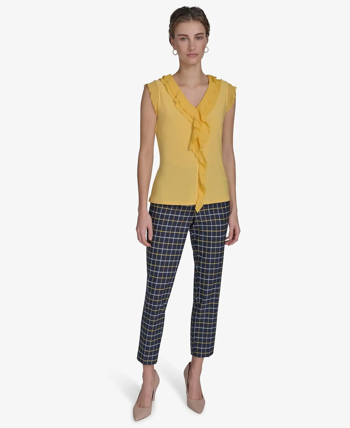 Tommy Hilfiger Women's Sleeveless Mix Media Ruffle Front Blouse