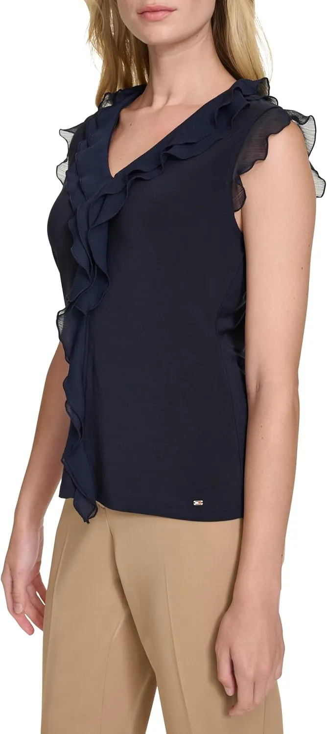 Tommy Hilfiger Women's Sleeveless Mix Media Ruffle Front Blouse