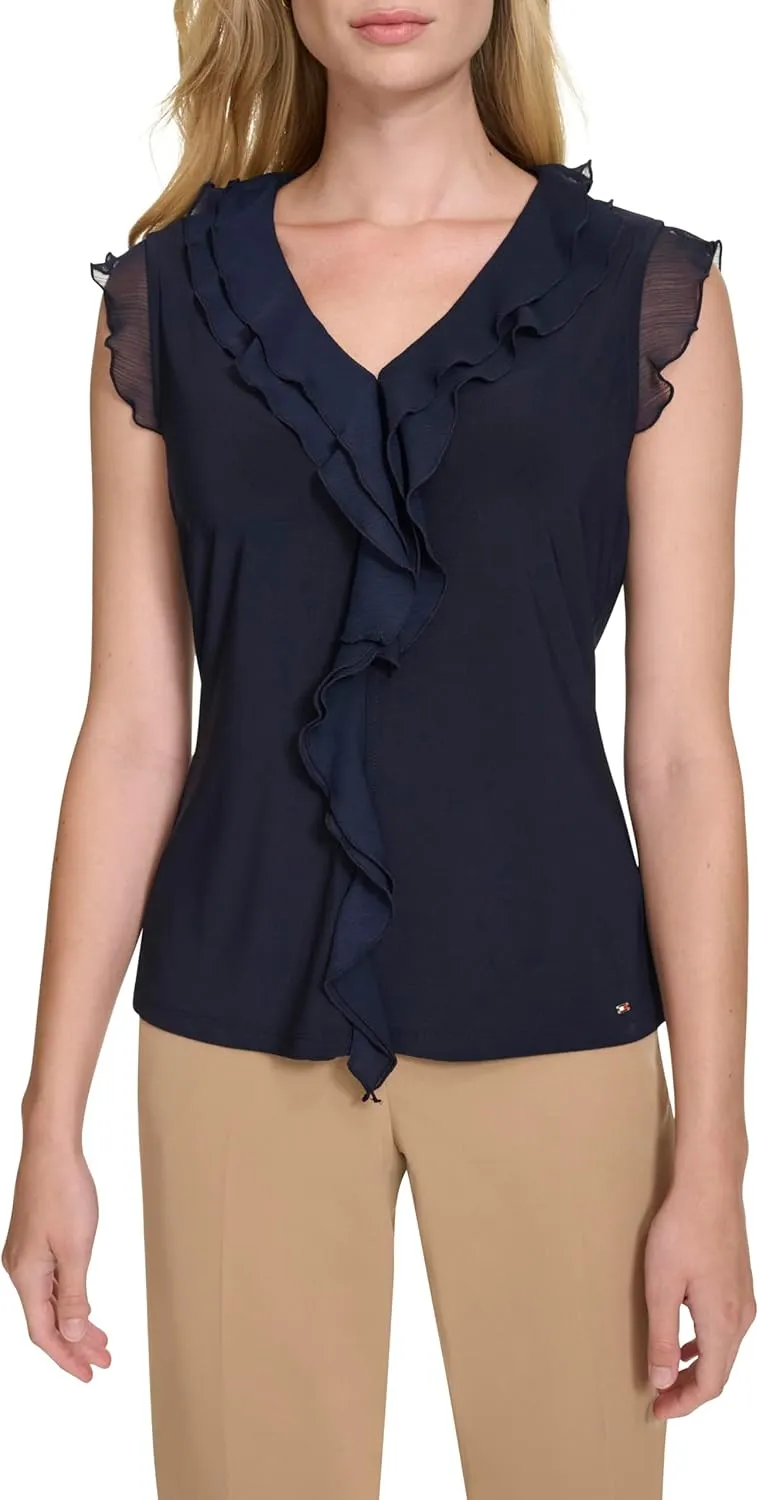 Tommy Hilfiger Women's Sleeveless Mix Media Ruffle Front Blouse