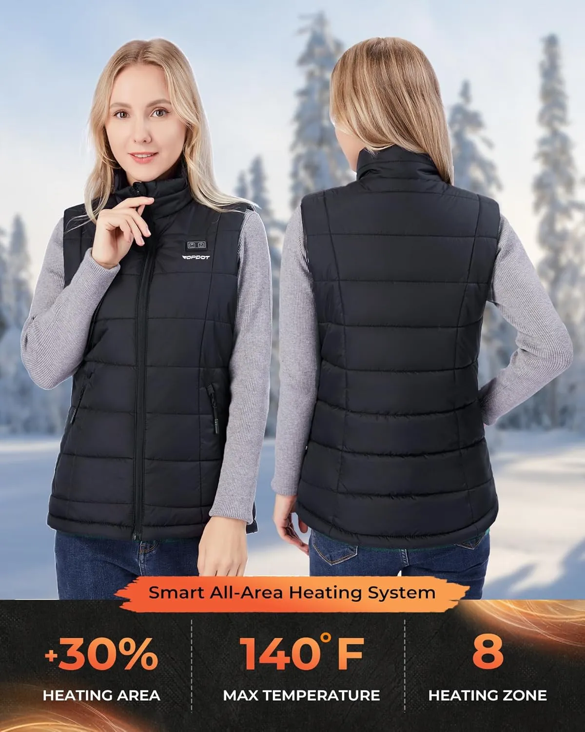 Topdot Heated Vest Women with 16000mAh 7.4V Battery Pack Included, Lights-Out Design 8 Heating Zones Women's Heated Vest
