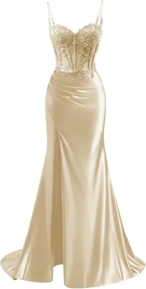 TORYEMY Spaghetti Strap Satin Prom Dress with Slit Lace Appliques Sweetheart Mermaid Long Formal Evening Gown for Women