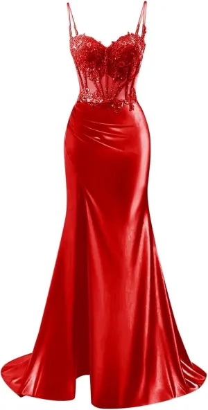 TORYEMY Spaghetti Strap Satin Prom Dress with Slit Lace Appliques Sweetheart Mermaid Long Formal Evening Gown for Women