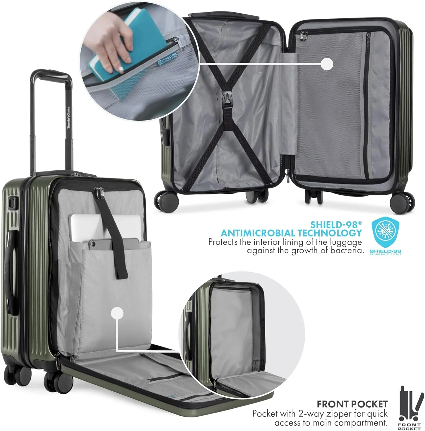 Traveler's Choice Mykel Front Pocket Polycarbonate Hardside Suitcase with Sleeve and Ergonomic Handle, Black, Carry-On 22-Inch