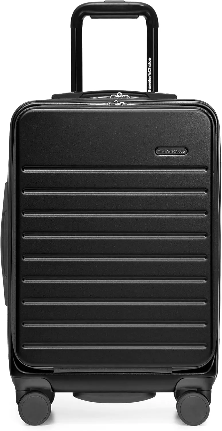 Traveler's Choice Mykel Front Pocket Polycarbonate Hardside Suitcase with Sleeve and Ergonomic Handle, Black, Carry-On 22-Inch