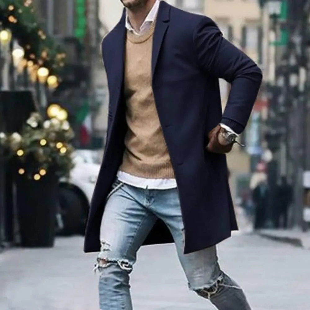 Trench Coat Men Men's Wool Trench Coat Long Premium Top Coat Overcoat Winter Business Suit