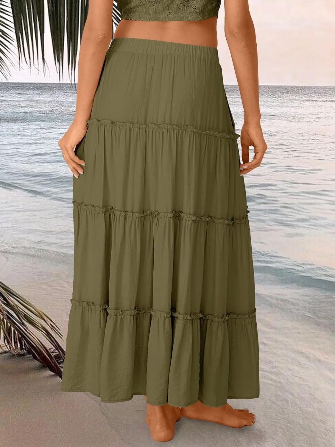 Trendy Queen Long Skirts for Women Boho Maxi Skirt Summer Swing Tiered A-Line Elastic High Waist Dress with Pockets Fashion