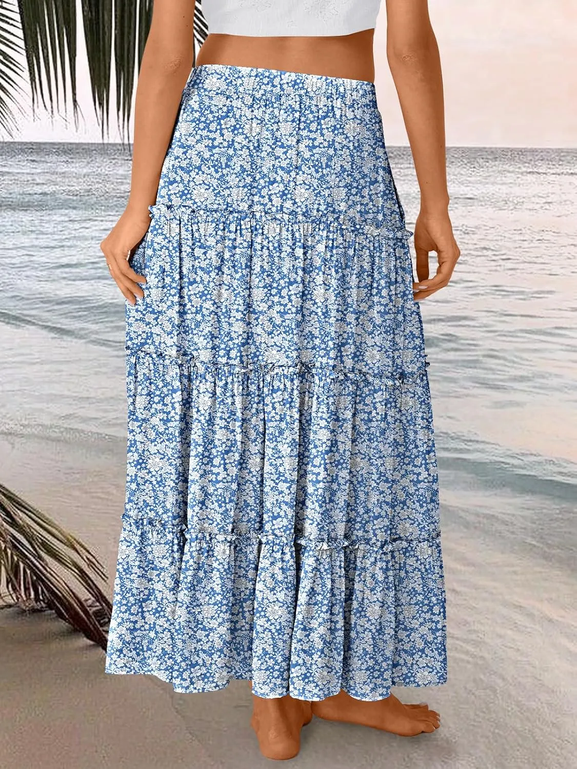 Trendy Queen Long Skirts for Women Boho Maxi Skirt Summer Swing Tiered A-Line Elastic High Waist Dress with Pockets Fashion