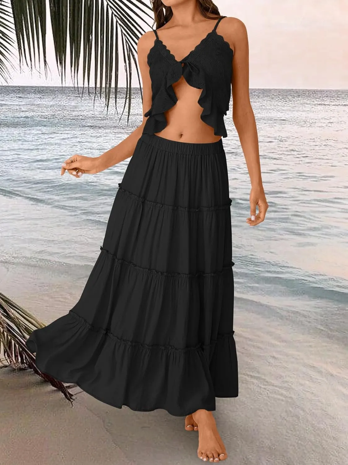 Trendy Queen Long Skirts for Women Boho Maxi Skirt Summer Swing Tiered A-Line Elastic High Waist Dress with Pockets Fashion
