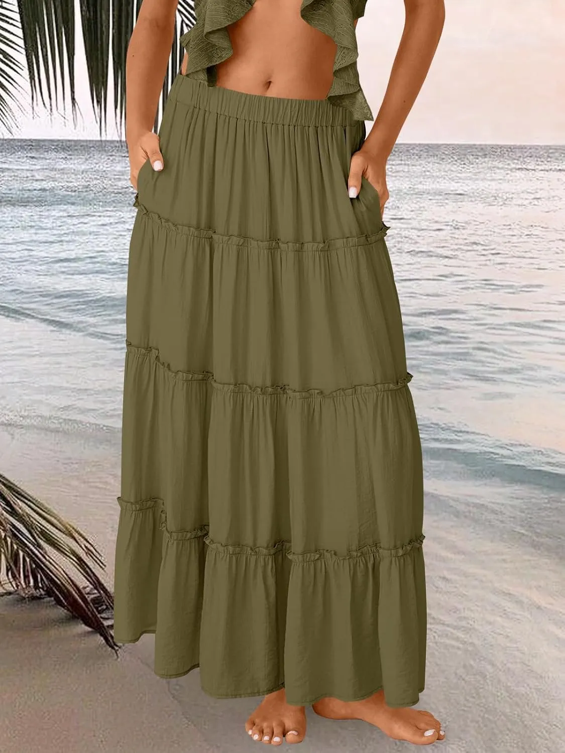 Trendy Queen Long Skirts for Women Boho Maxi Skirt Summer Swing Tiered A-Line Elastic High Waist Dress with Pockets Fashion