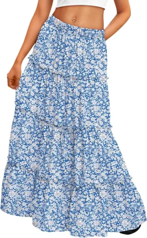 Trendy Queen Long Skirts for Women Boho Maxi Skirt Summer Swing Tiered A-Line Elastic High Waist Dress with Pockets Fashion