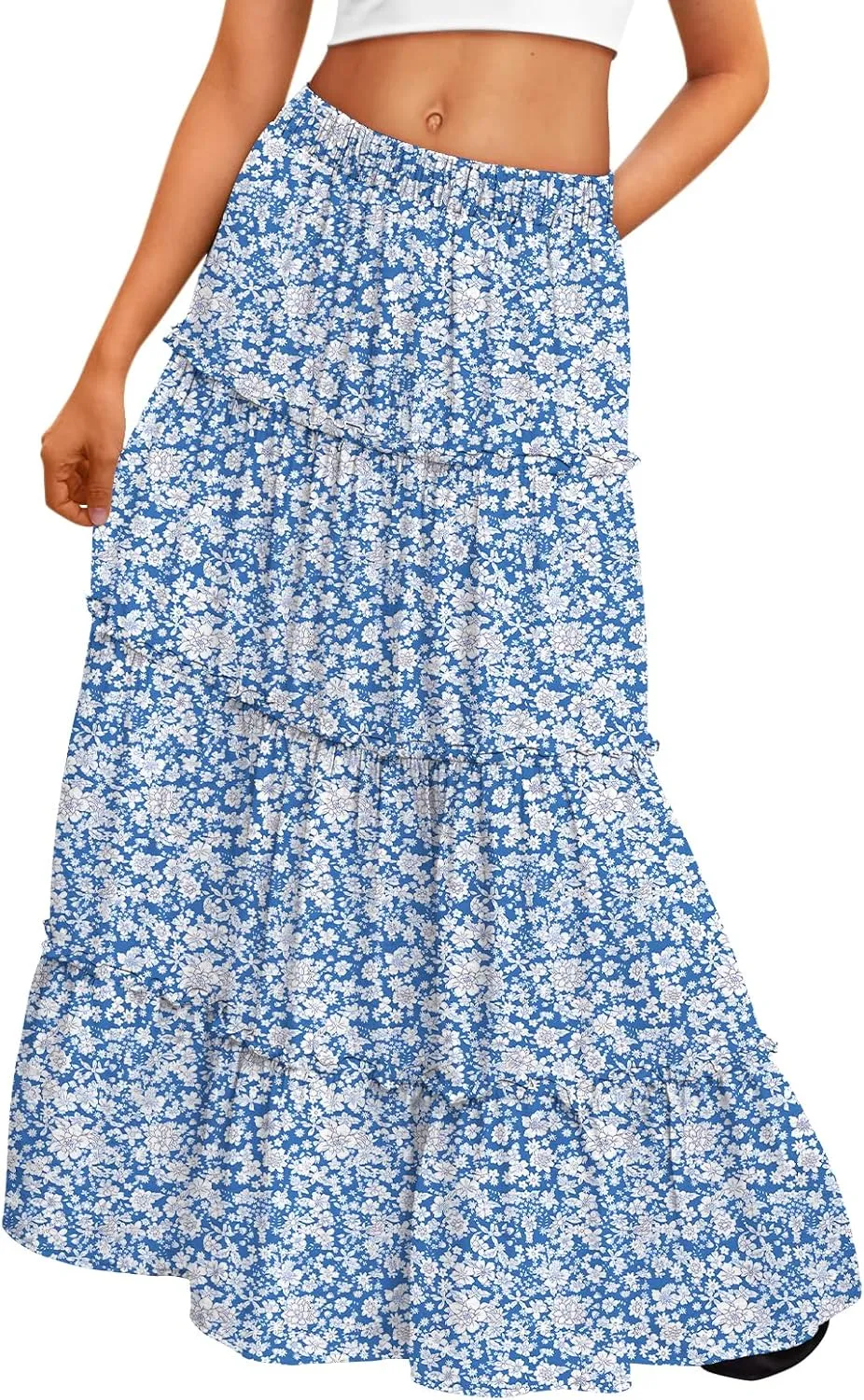Trendy Queen Long Skirts for Women Boho Maxi Skirt Summer Swing Tiered A-Line Elastic High Waist Dress with Pockets Fashion