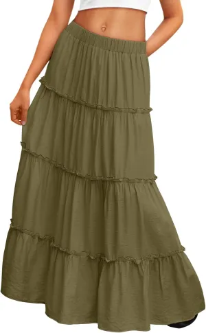 Trendy Queen Long Skirts for Women Boho Maxi Skirt Summer Swing Tiered A-Line Elastic High Waist Dress with Pockets Fashion