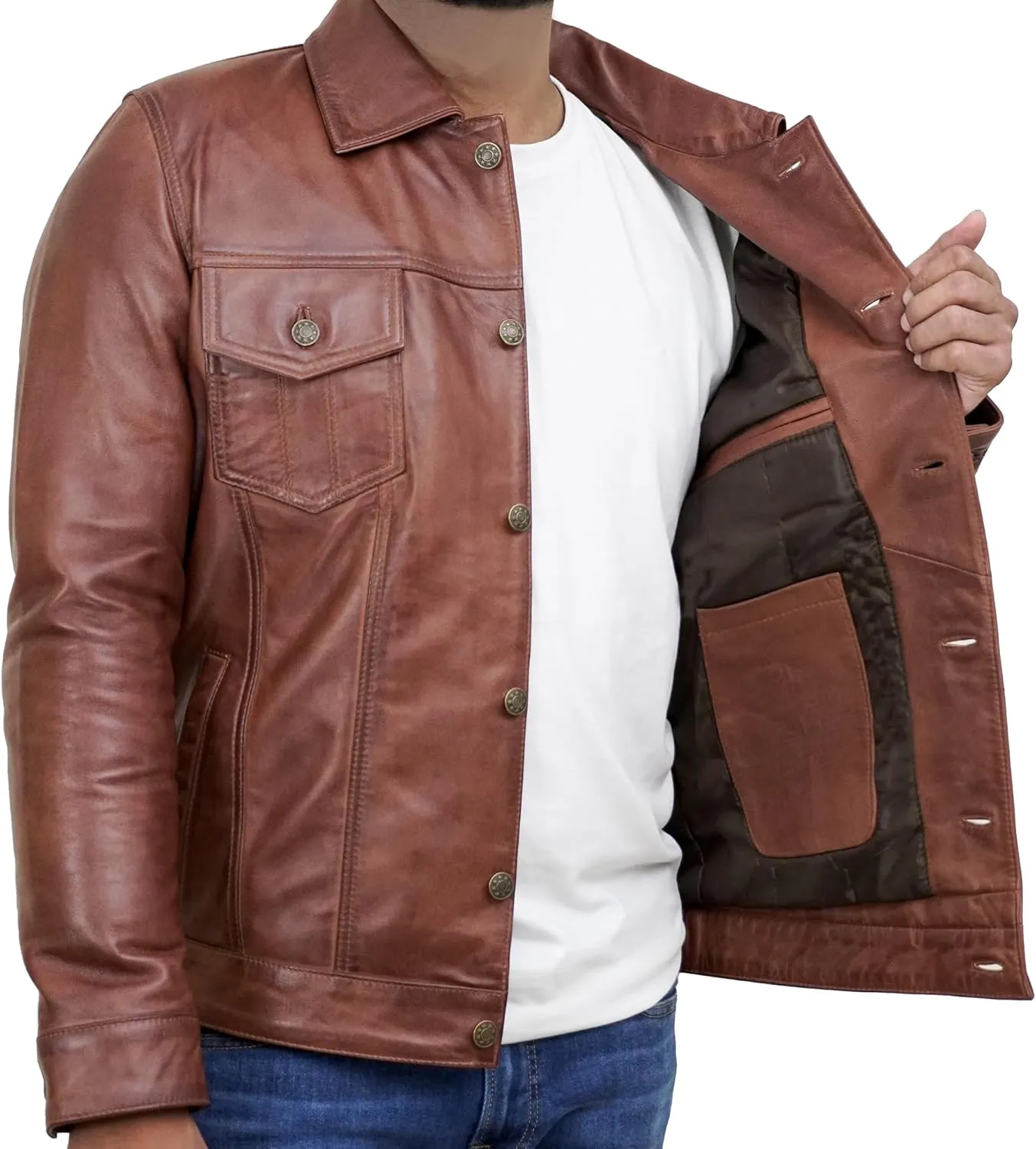 Trucker Style Casual Vintage Leather Jacket Men - Classic Button Down Real Lambskin Jackets For Mens With Pockets