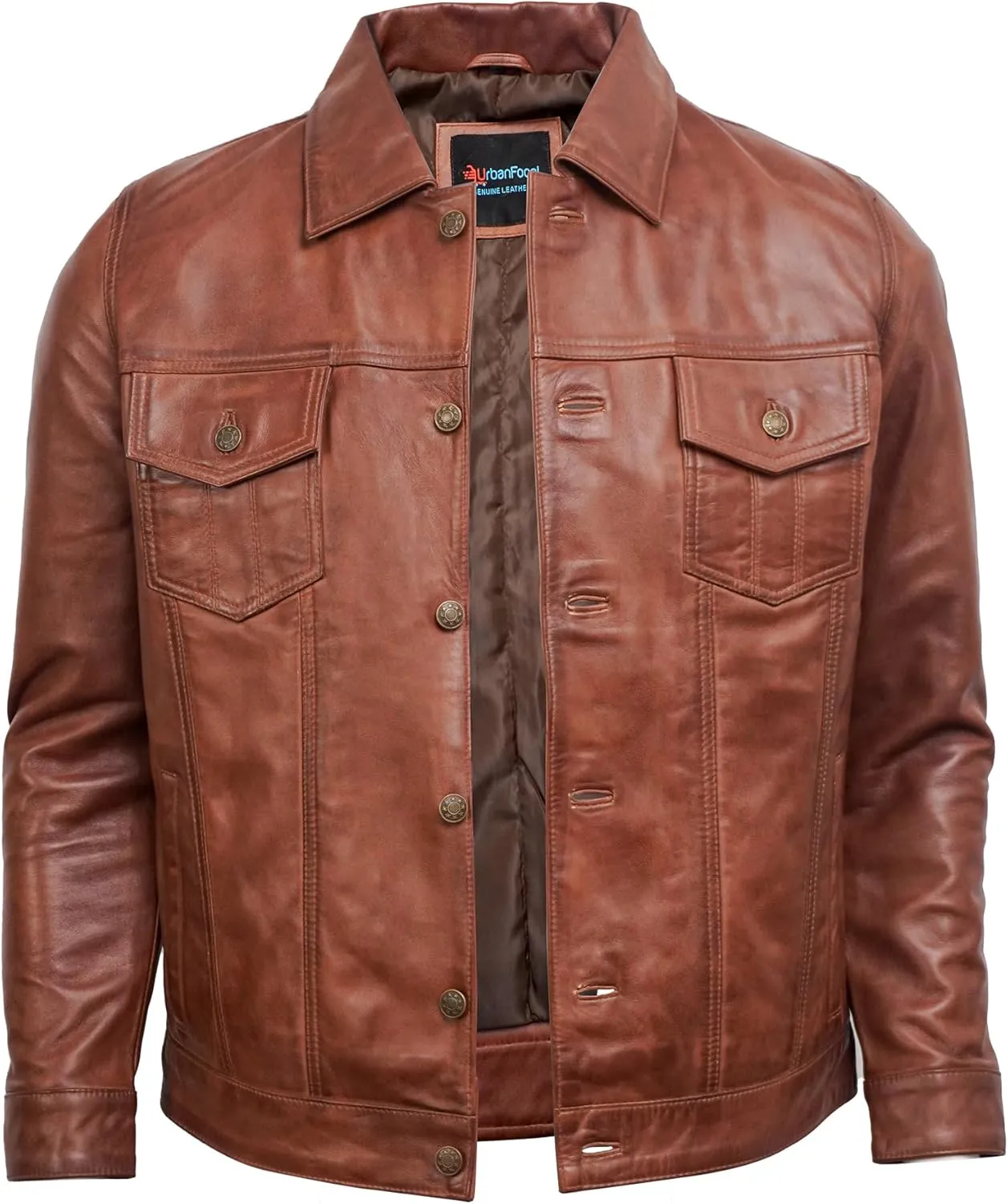Trucker Style Casual Vintage Leather Jacket Men - Classic Button Down Real Lambskin Jackets For Mens With Pockets