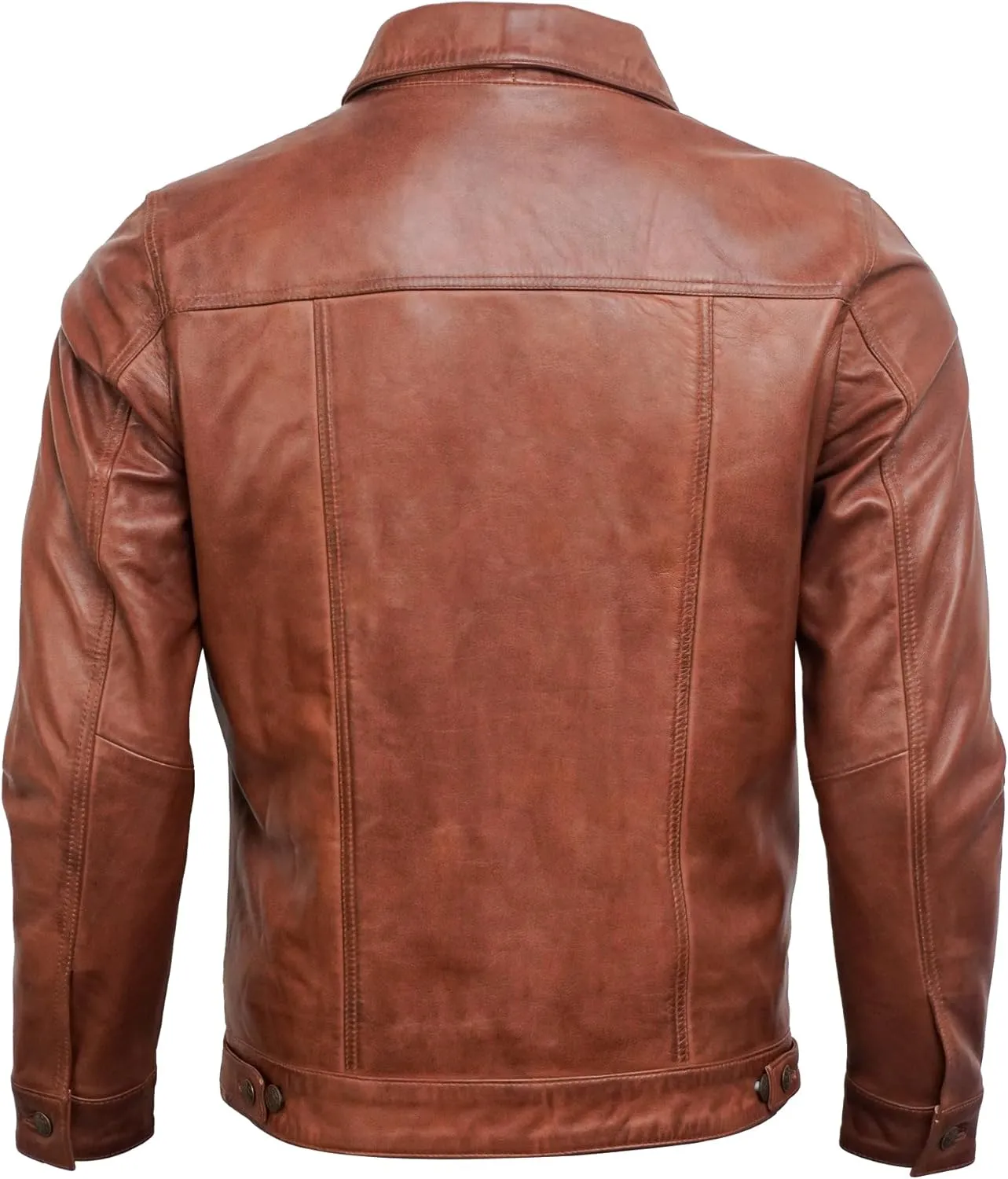 Trucker Style Casual Vintage Leather Jacket Men - Classic Button Down Real Lambskin Jackets For Mens With Pockets