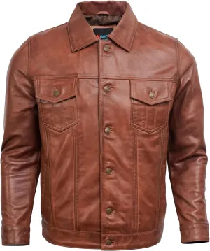 Trucker Style Casual Vintage Leather Jacket Men - Classic Button Down Real Lambskin Jackets For Mens With Pockets